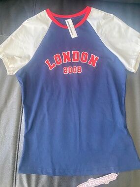 Missguided London 2009 Graphic Tee Navy XS Fitted Stretch NWT